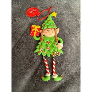 Whimsical Christmas Tree Elf Ornament With Gift & Dangling Candy Cane Legs